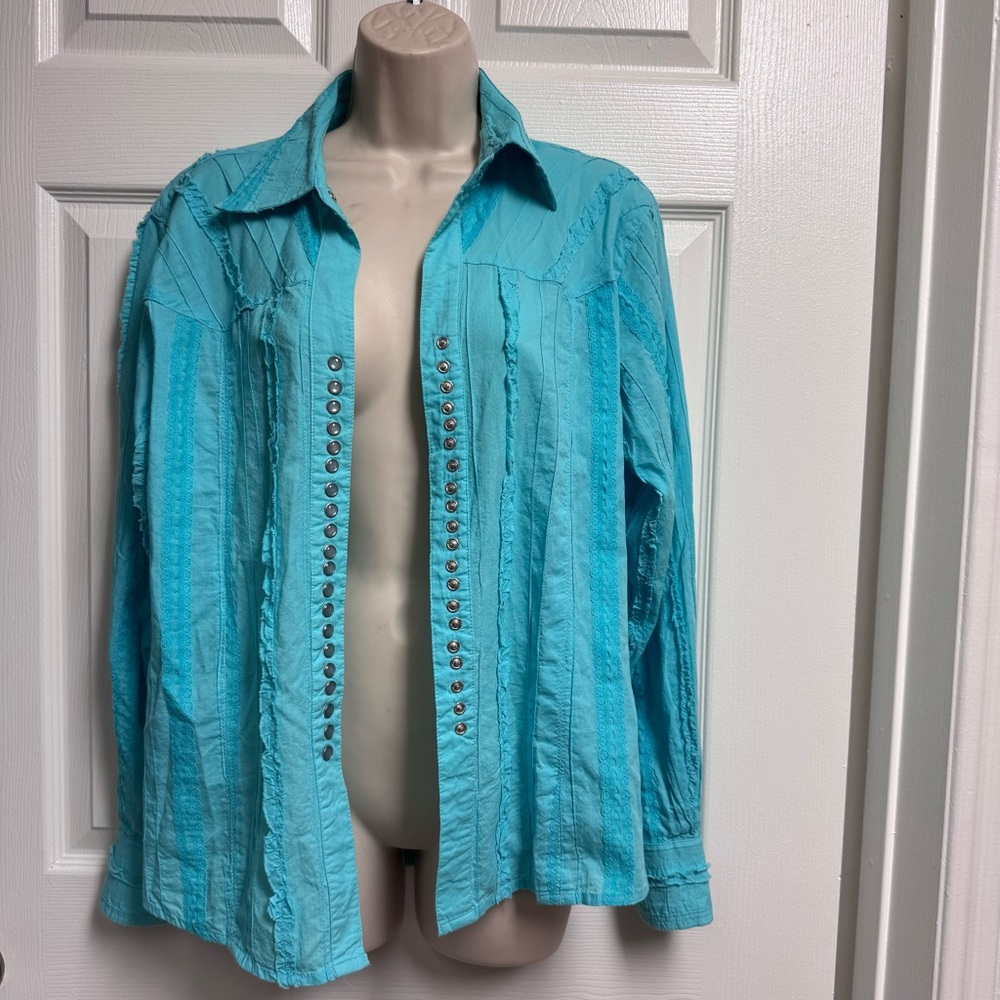 Scully Western Blouse Size L Blue Turquoise Lace Stripe Ruffled Long Sleeve - Picture 3 of 13
